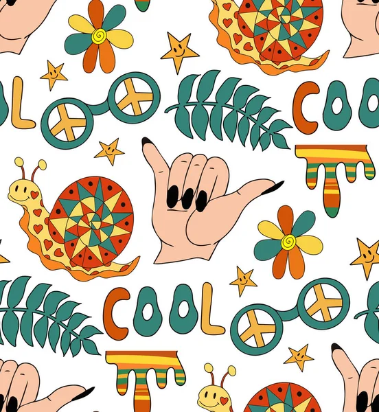 Retro Shaka Hand Gesture 70s Seamless Pattern. Hippie repeating texture, background. Vector illustration — Stock Vector