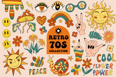 Retro 70 'ler havası, hippi çıkartmaları, psikedelik moda elementler. Çizgi film komedi çiçekleri, gökkuşağı, klasik hippi tarzı element. Vektör illüstrasyonu