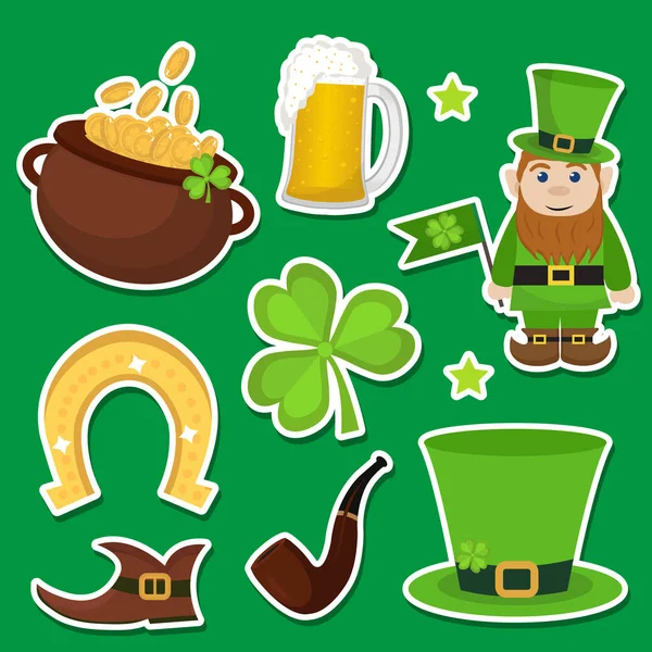 Saint Patricks Day fixe des objets. Pot de pièces d'or, trèfles, chapeau vert et fer à cheval. Illustration vectorielle — Image vectorielle