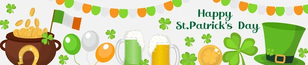 St. Patricks Day Banners con sombrero de duende, olla y cerveza — Vector de stock