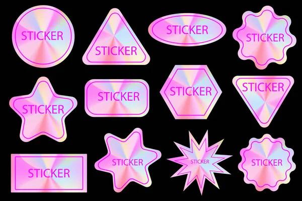 Set di diverse forme olografiche gradiente etichetta adesiva in gradiente rosa. Fondo nero. Illustrazione del web design vettoriale per il design di tendenza moderno. — Vettoriale Stock