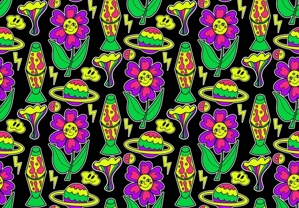 Psicadélico neon viagem sem costura padrão. Retro 70 groovy repetição textura. Desenhos animados flores funky, arco-íris, fundo estilo hippy ácido. ilustração vetorial — Vetor de Stock