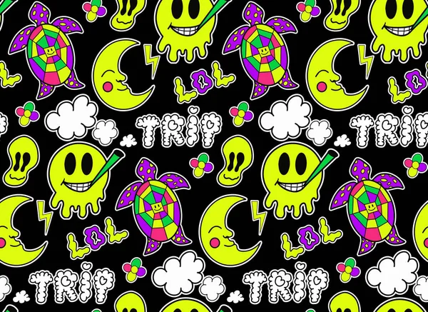 Psychedelic neon trip seamless pattern. Retro 70s groovy repeating texture. Cartoon funky flowers, rainbow, acid hippy style background. vector illustration — Stock Vector