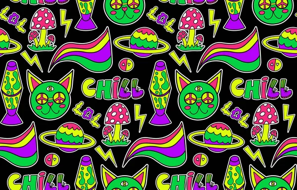 Psychedelische neon reis naadloos patroon. Retro 70s groovy herhalende textuur. Tekenfilm funky bloemen, regenboog, zuur hippie stijl achtergrond. vectorillustratie — Stockvector