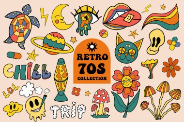 Retro 70 'ler havası, hippi çıkartmaları, psikedelik tripli moda elementler. Çizgi film funky sticker klasik hippi tarzı element. vektör illüstrasyonu