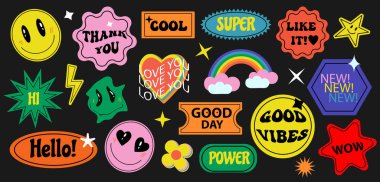 Etiketler Retro 70 'ler hazır. Havalı etiketler, rozetler. Modern asit hippi tarzı yamalar. Vektör illüstrasyonu