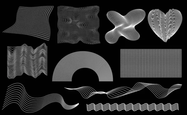 Abstracte geometrische mazen 3d wireframe set. Collectie elementen defect, cyberpunk. Retrofuturisme, vaporwave stijl. vectorillustratie — Stockvector