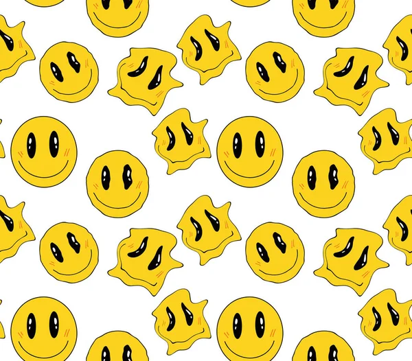 Patrón de ilustración de la cara sonriente de fusión distorsionada amarilla sin costuras para tela, papel pintado o papel de envolver. Ilustración vectorial — Archivo Imágenes Vectoriales
