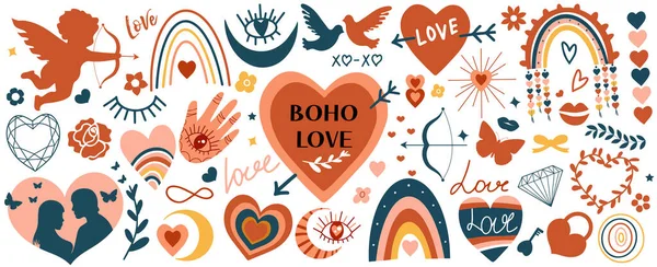 Abstracte boho doodles voor Valentijnsdag grote set. Hart, handen, liefde, regenboog, drankje, spraakzeepbel in handgetekende stijl. Boho vector elementen voor ontwerp en bedrukking, clip art — Stockvector