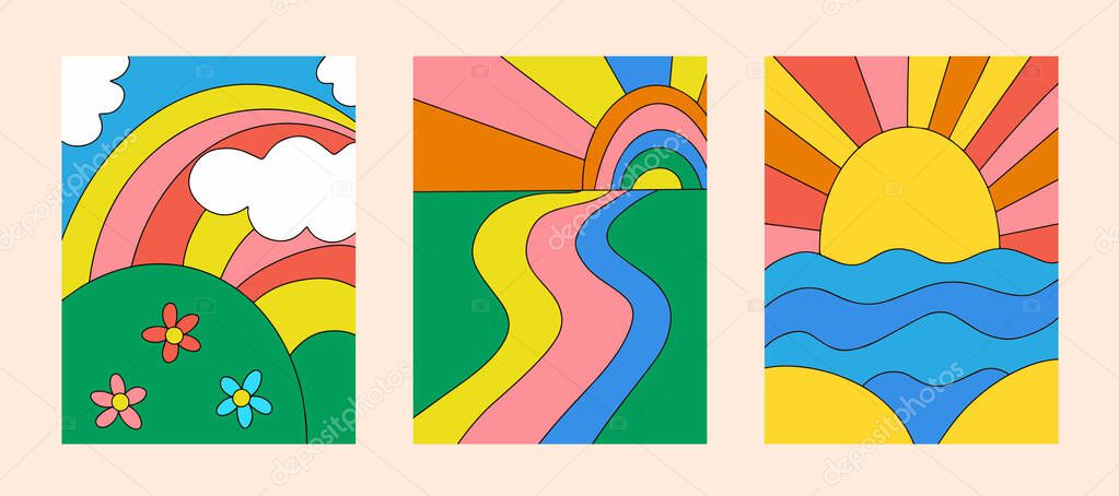 Psychedelic landscapes poster with stylized mountains, rainbow, seas. Retro 70s, 60s hippie style covers. vector illustration.