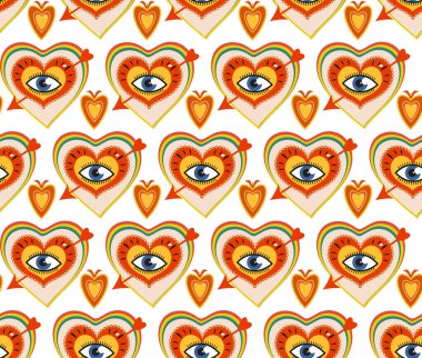 Sevgililer Günü için 70 'li yılların kusursuz modelleri. Elle çizilmiş büyük gözlü kalpler. Vektör illüstrasyonu.