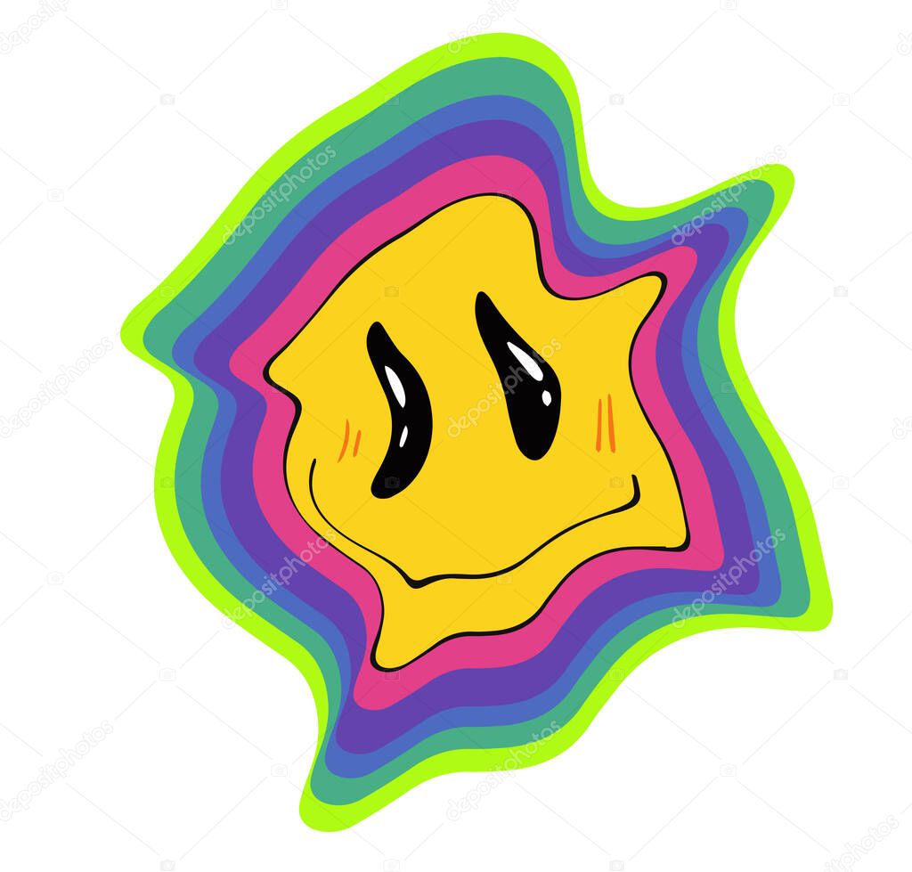 70s retro groovy melting smiley face illustration with rainbow. Distorted yellow face. Hippie groovy smile character. Vector illustration
