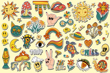 Retro 70 çıkartmaları, hippiler, psikedelik tripli moda elementler. Çizgi film funky sticker klasik hippi tarzı element. vektör illüstrasyonu