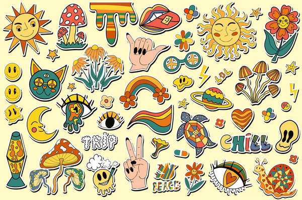 Retro 70s stickers, hippie, psychedelische trippy groovy elementen. Cartoon funky sticker vintage hippie stijl element. vectorillustratie — Stockvector