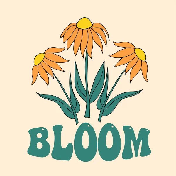 Slogan hippie Bloom tahun 70-an dengan ilustrasi bunga daisy. Sempurna untuk gambar kaos, poster dan stiker. bunga camomile vintage - Stok Vektor
