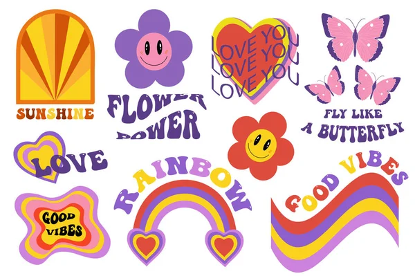 Retro 70s, hippie sticker objecten set, psychedelische trippy groovy elementen voor t-shirts. Cartoon funky vintage hippie stijl element. vectorillustratie, clipart — Stockvector