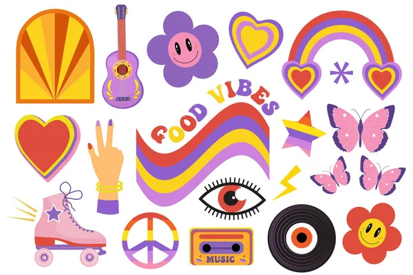 Retro 70-an, ditetapkan stiker hippie objek, elemen psychedelic trippy groovy untuk t-shirt. Elemen gaya hippy funky kartun. gambar vektor, clip art - Stok Vektor