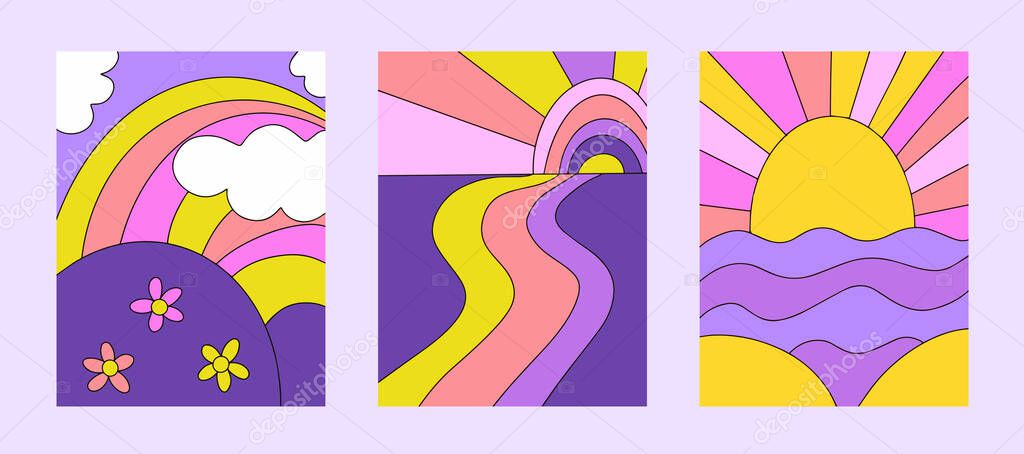 Psychedelic landscapes poster with stylized mountains, rainbow, seas. Retro 70s, 60s hippie style covers. vector illustration.