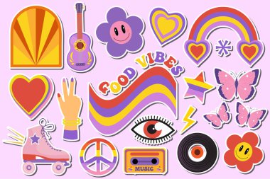 Retro 70 'ler, hippi çıkartmaları seti, tişörtler için psikedelik uçuk moda elementler. Çizgi film funky vinppy stil element 2022 yılının yeni trend. vektör illüstrasyonu, klip sanatı