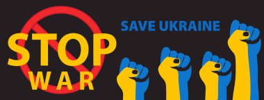 Ukrayna bayrak renklerinde insan yumruğu. Ukrayna 'daki savaşı durdurun. Ukrayna için dua et. Vektör illüstrasyonu