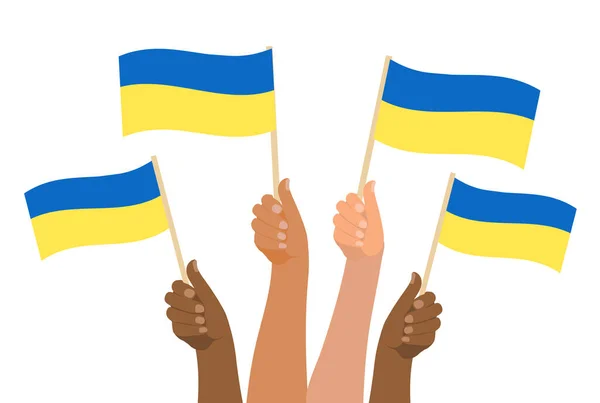 Hentikan Perang Ukraina. Perdamaian dunia. Pegang tangan bendera ukraine. Ilustrasi vektor - Stok Vektor