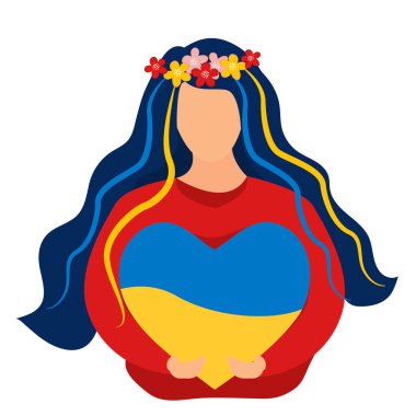 Kız Ukrayna bayrağı renginde bir kalbe sarılıyor. Ukrayna kavramına bağlı kal. Ukrayna 'ya destek. Savaş yok. Kalbinde Ukrayna var. Vektör illüstrasyonu.