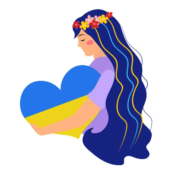 Ukraina muda menangis ukrainian wanita memeluk hati, bendera Ukraina. Poster. Ilustrasi vektor - Stok Vektor