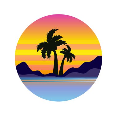 Retrowave Grunge tarzında Palm Trees ile gün batımı. Geleceğin modern ikon tasarımı. vektör illüstrasyonu.