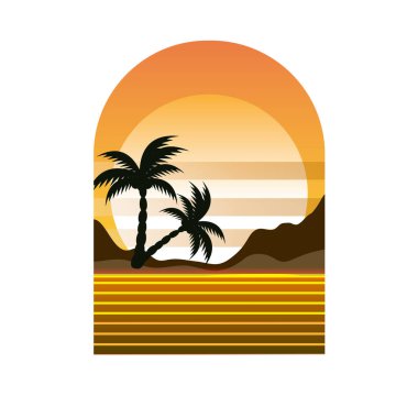 Retrowave Grunge tarzında Palm Trees ile gün batımı. Geleceğin modern ikon tasarımı. vektör illüstrasyonu.