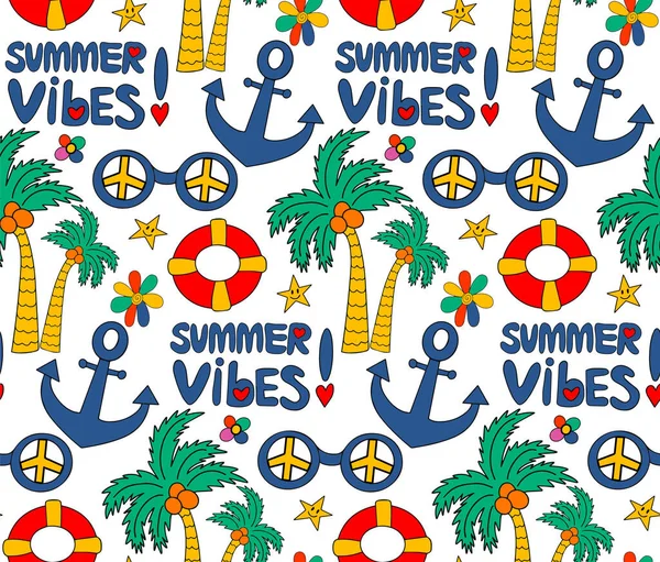Retro Vibe Summer Colorful Seamless Summer Pattern Hand Drawn Beach — Vector de stock