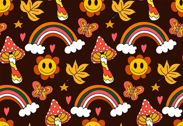 Retro 70S Autumn Vibe Hippie Psychedelic Groovy Pattern Cartoon Funky — Stock vektor