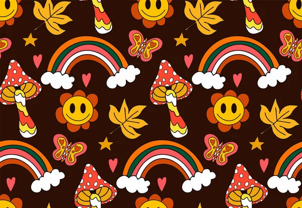 Retro 70S Herfst Vibe Hippie Psychedelische Groovy Patroon Cartoon Funky — Stockvector