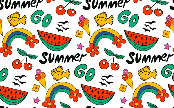 Retro Vibe Summer Colorful Seamless Summer Pattern Hand Drawn Beach — Stock Vector