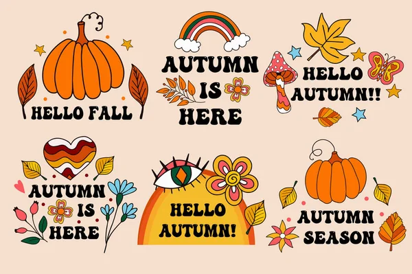Retro 70S Card Written Hello Autumn Fall Harvest Lettering Postcards — Stock Vector