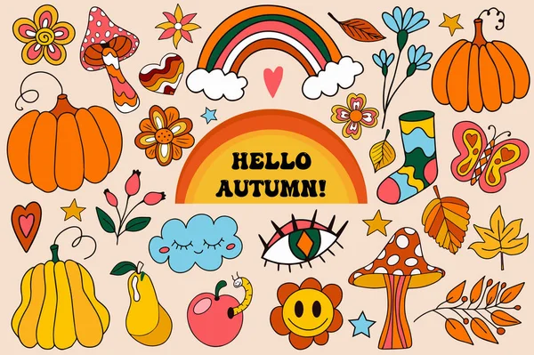 Retro 70S Autumn Vibe Hippie Stickers Psychedelic Groovy Elements Cartoon — Διανυσματικό Αρχείο