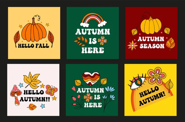 Retro 70S Card Written Hello Autumn Fall Harvest Time Postcards — Διανυσματικό Αρχείο