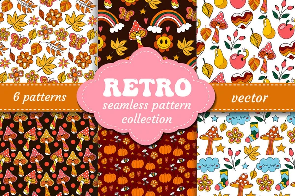 Retro 70S Psychedelic Seamless Patterns Set Groovy Hippie Backgrounds Cartoon — Stockový vektor