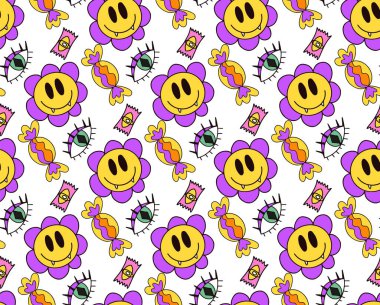 Groovy halloween seamless pattern 70s style. Psychedelic hippie endless texture background. vector illustration.