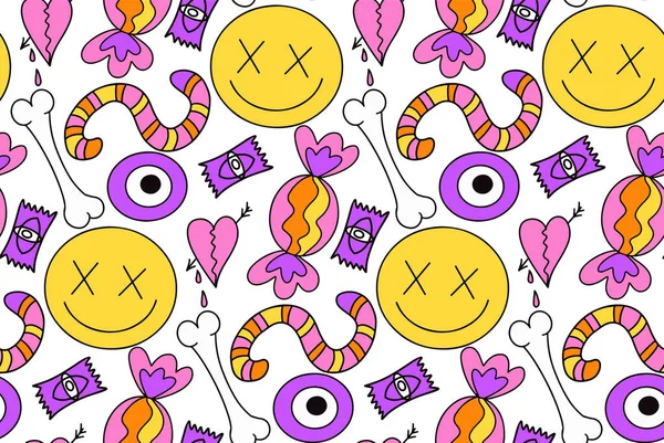 Groovy Halloween Seamless Pattern 70S Style Psychedelic Hippie Endless Texture — Stockvector