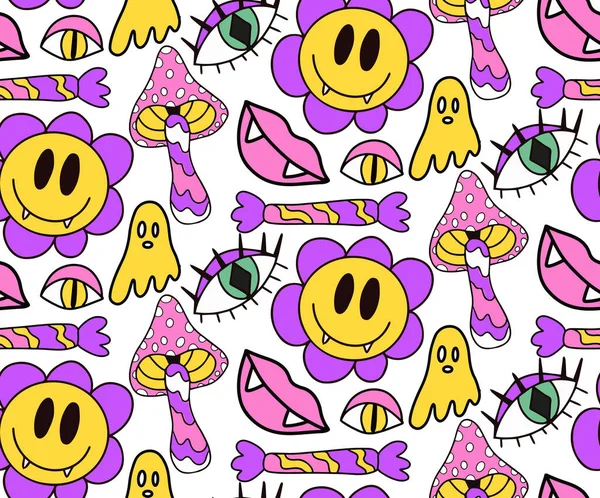 Groovy Halloween Seamless Pattern 70S Style Psychedelic Hippie Endless Texture — ストックベクタ