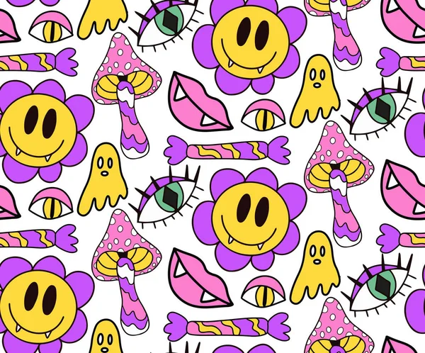 Groovy Halloween Seamless Pattern 70S Style Psychedelic Hippie Endless Texture — Stockvector