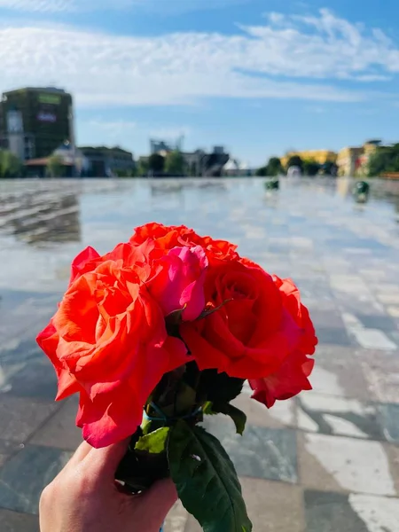 Mujer Mano Sosteniendo Ramo Rosas Frescas Flores Espacio Copia Enfoque —  Fotos de Stock