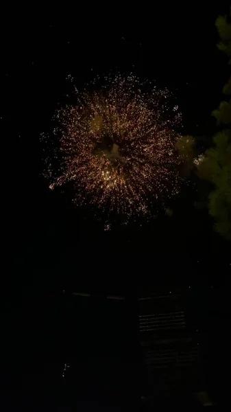 Fireworks on black background from golden sparks and firecrackers isolated.