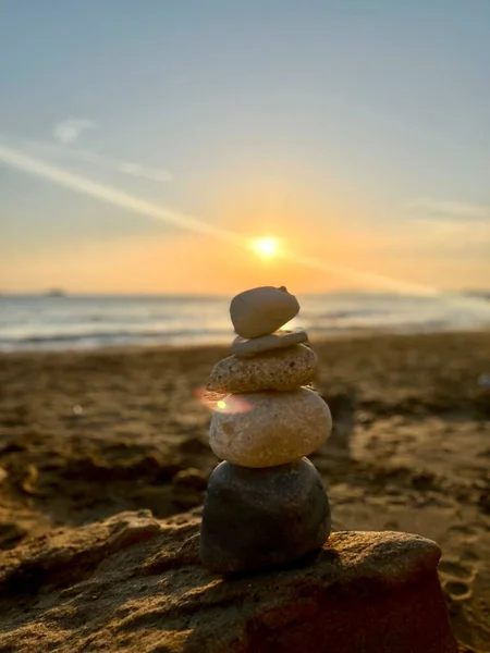 Stones Pyramid Sand Symbolizing Zen Harmony Balance Ocean Background Copy — Stock Photo, Image