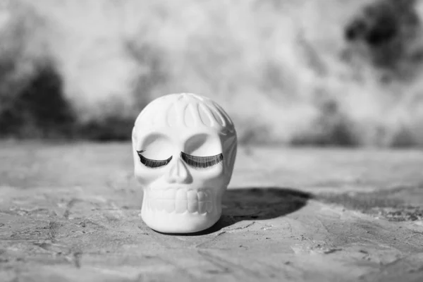 Crâne Humain Joyeux Avec Des Cils Décorations Halloween Concept Halloween — Photo