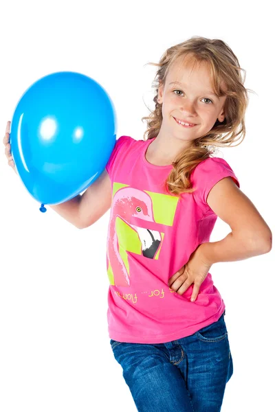 Krásná mladá dívka s modrým balónkem — Stock fotografie