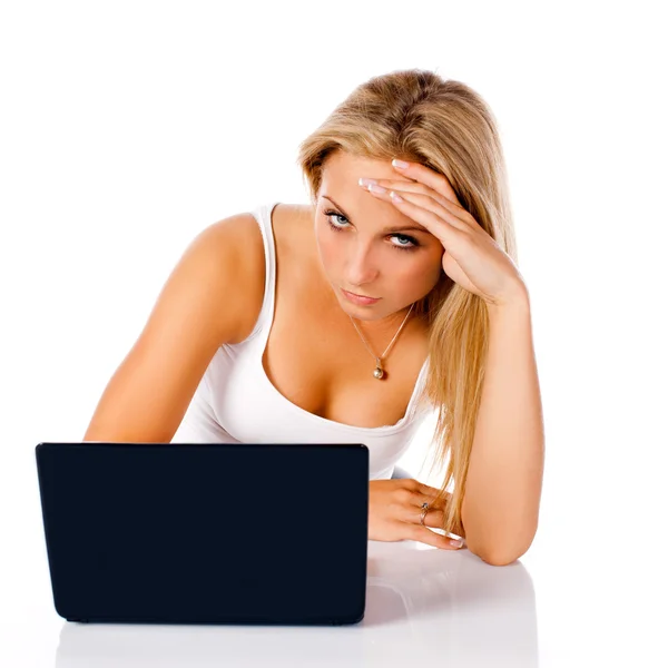 Young business woman with laptop on white background — Stock Photo, Image