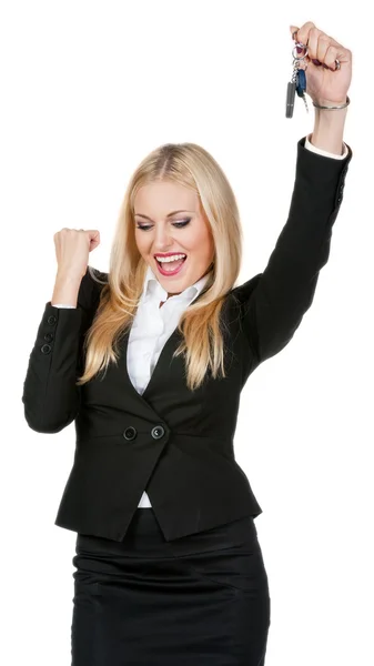 Beautiful girl in a white shirt and a black jacket with car keys — Stock Photo, Image