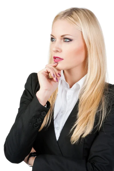 Mujer de negocios pensativo sobre un fondo blanco — Foto de Stock