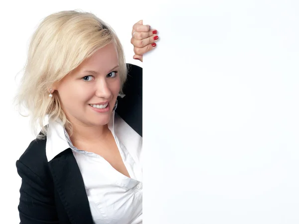 Attractive young female showing blank panel — Stock Photo, Image